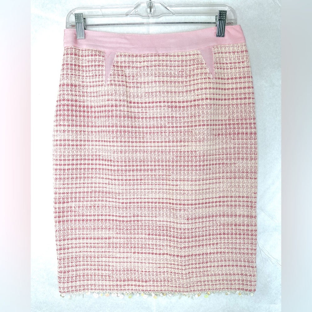 Etcetera Women Size 4 Pink White Woven Cotton Pencil Skirt Sequin Accents